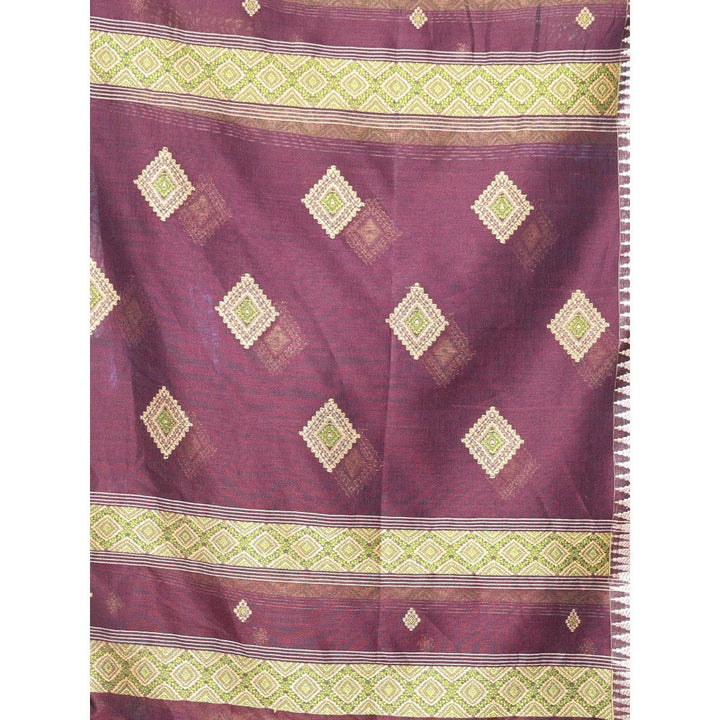 CHARUKRITI Texture Motifs Dark Chocolate Cotton Handwoven Saree with Unstitched Blouse