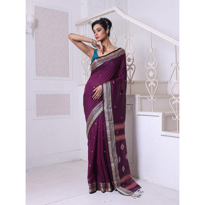 CHARUKRITI Texture Motifs Purple Cotton Handwoven Saree with Unstitched Blouse