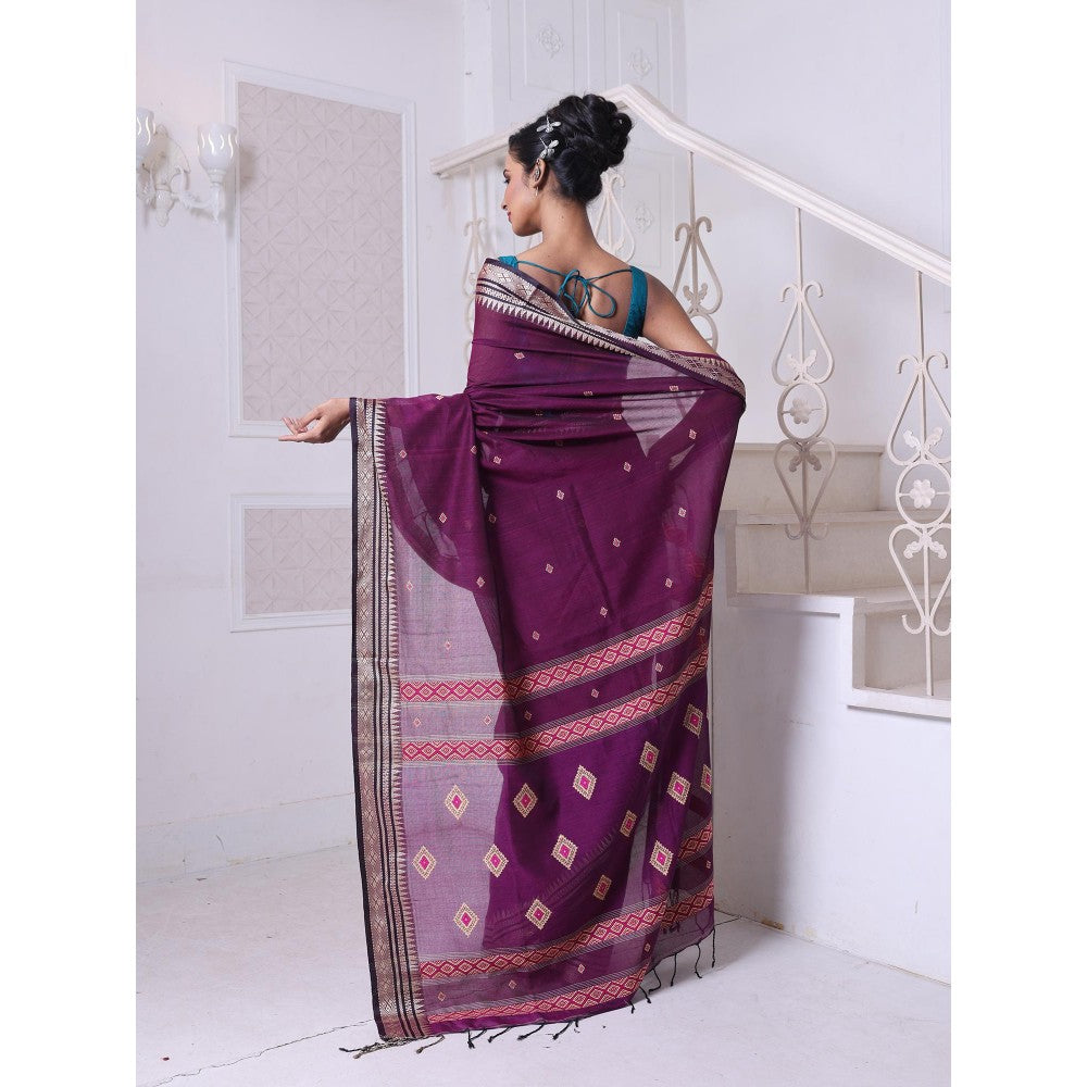 CHARUKRITI Texture Motifs Purple Cotton Handwoven Saree with Unstitched Blouse