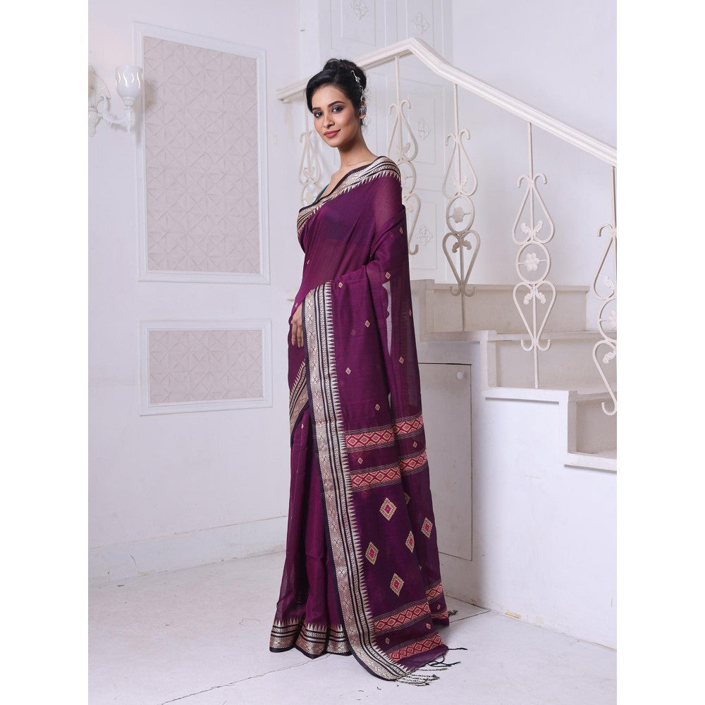 CHARUKRITI Texture Motifs Purple Cotton Handwoven Saree with Unstitched Blouse