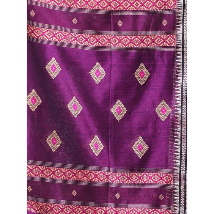 CHARUKRITI Texture Motifs Purple Cotton Handwoven Saree with Unstitched Blouse