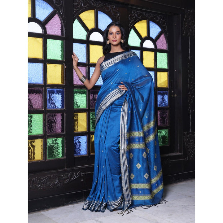 CHARUKRITI Texture Motifs Sapphire Blue Cotton Handwoven Saree with Unstitched Blouse