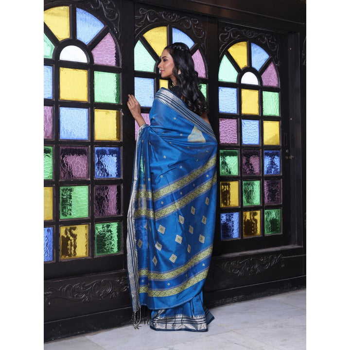 CHARUKRITI Texture Motifs Sapphire Blue Cotton Handwoven Saree with Unstitched Blouse