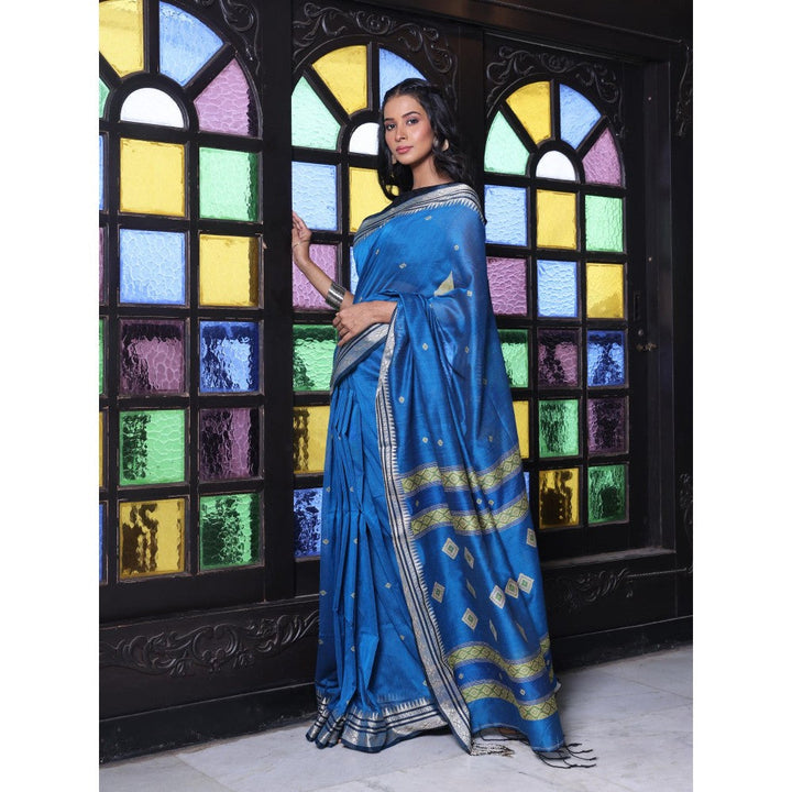 CHARUKRITI Texture Motifs Sapphire Blue Cotton Handwoven Saree with Unstitched Blouse