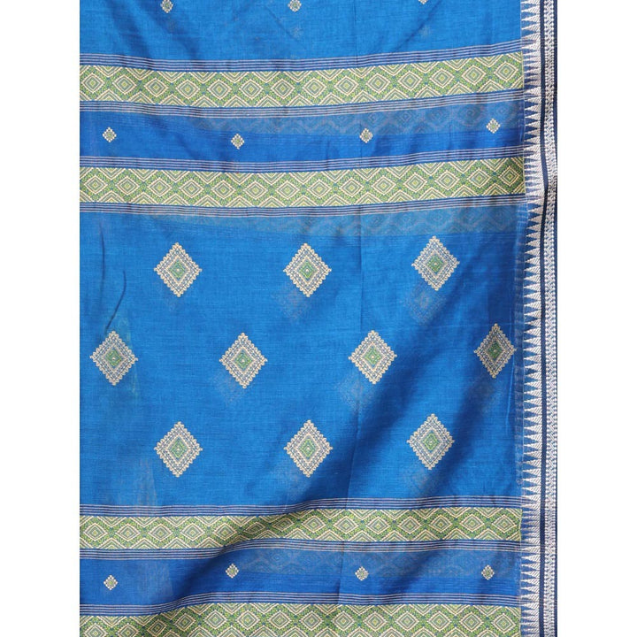 CHARUKRITI Texture Motifs Sapphire Blue Cotton Handwoven Saree with Unstitched Blouse