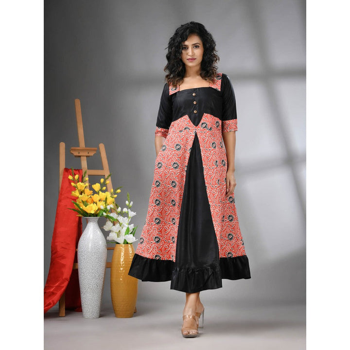 CHARUKRITI Orange and Black Modal Ruffled Ethnic Dress with Ajrakh Print