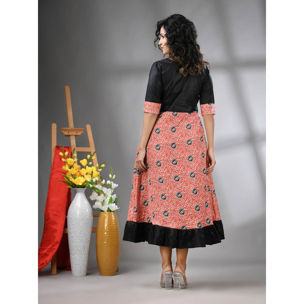 CHARUKRITI Orange and Black Modal Ruffled Ethnic Dress with Ajrakh Print