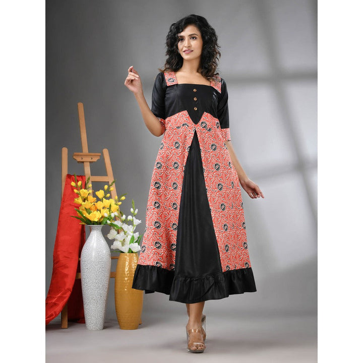 CHARUKRITI Orange and Black Modal Ruffled Ethnic Dress with Ajrakh Print