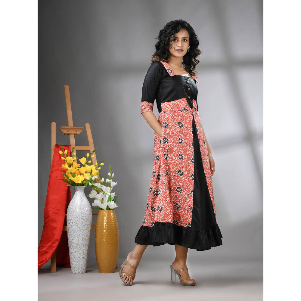 CHARUKRITI Orange and Black Modal Ruffled Ethnic Dress with Ajrakh Print