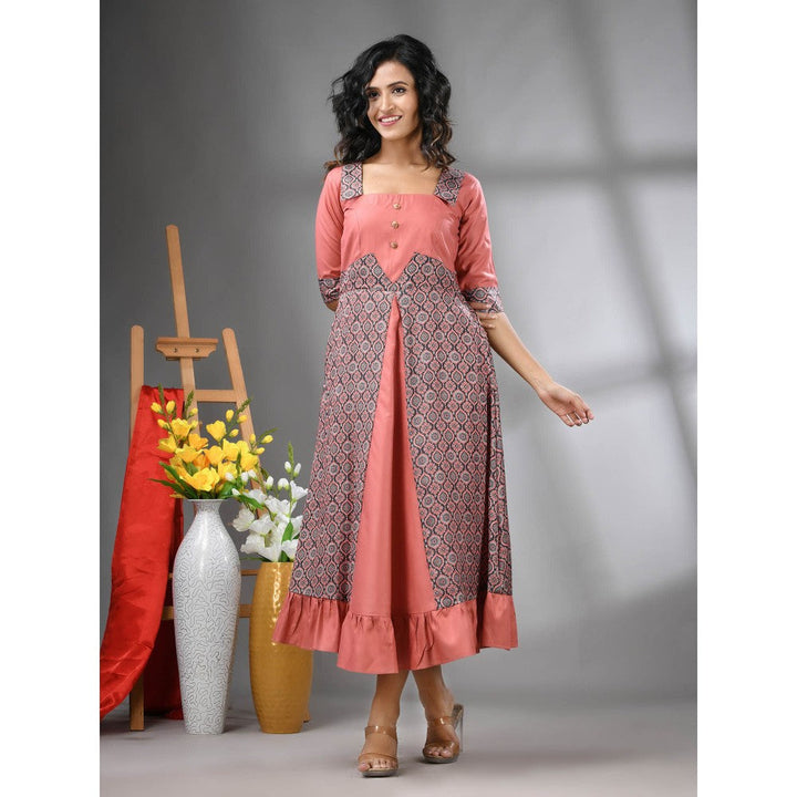 CHARUKRITI Peach Modal Ruffled Ethnic Dress with Ajrakh Print