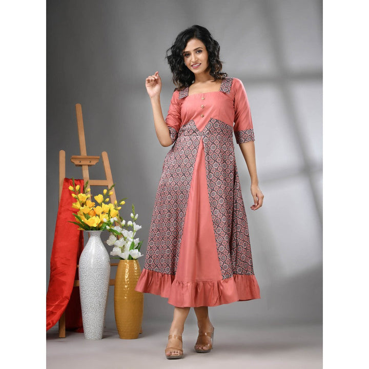 CHARUKRITI Peach Modal Ruffled Ethnic Dress with Ajrakh Print