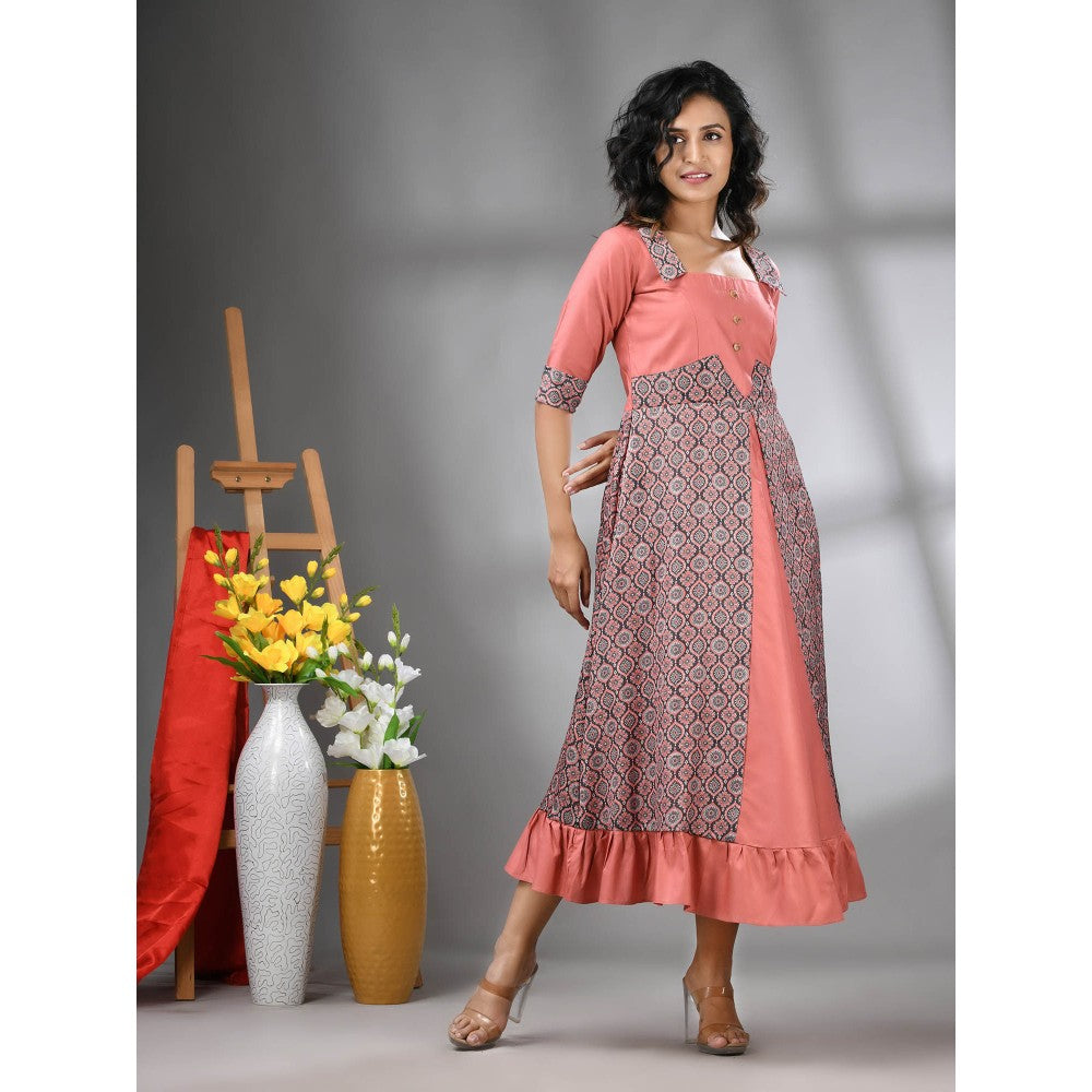 CHARUKRITI Peach Modal Ruffled Ethnic Dress with Ajrakh Print