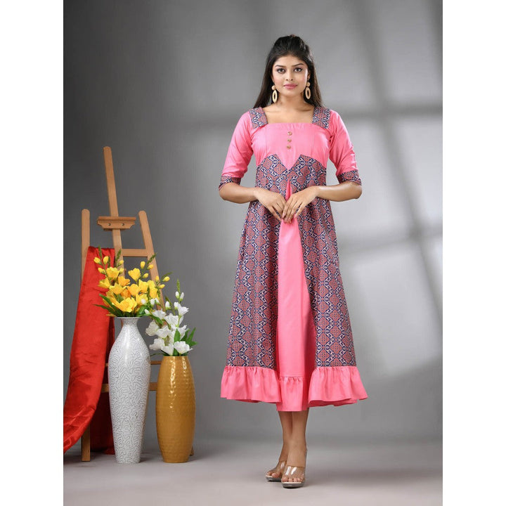 CHARUKRITI Pink Modal Ruffled Ethnic Dress with Ajrakh Print