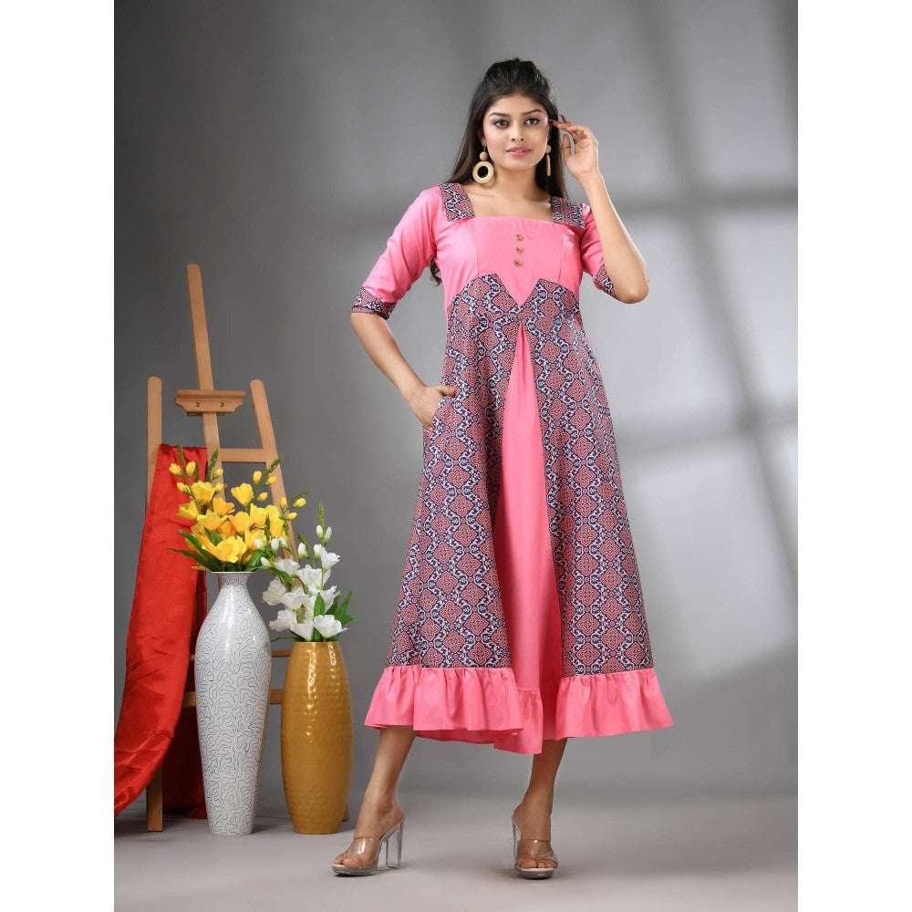 CHARUKRITI Pink Modal Ruffled Ethnic Dress with Ajrakh Print