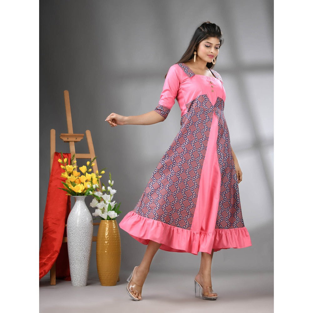 CHARUKRITI Pink Modal Ruffled Ethnic Dress with Ajrakh Print