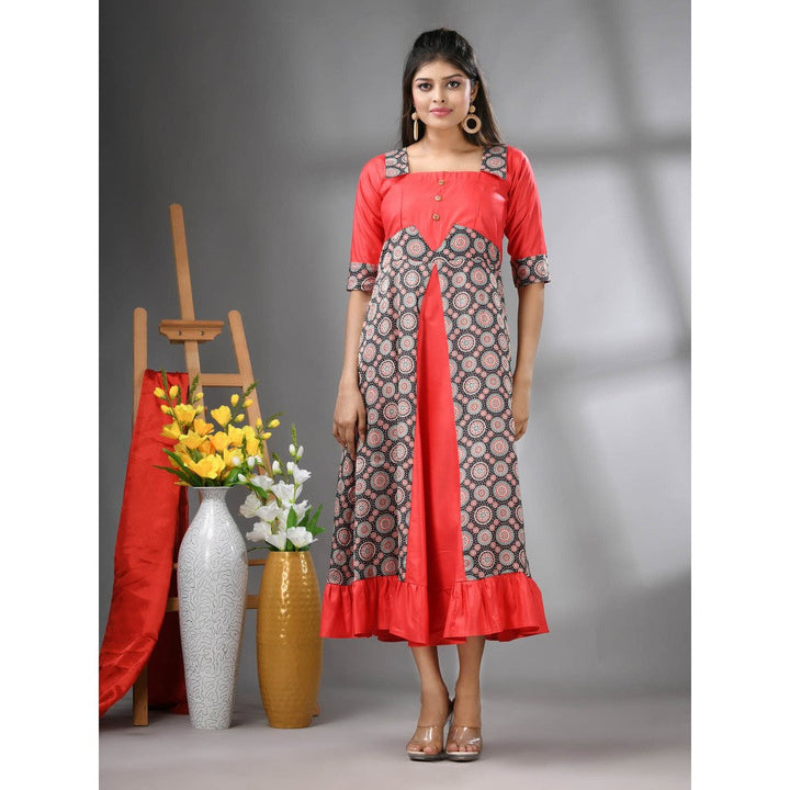 CHARUKRITI Red Modal Ruffled Ethnic Dress with Ajrakh Print