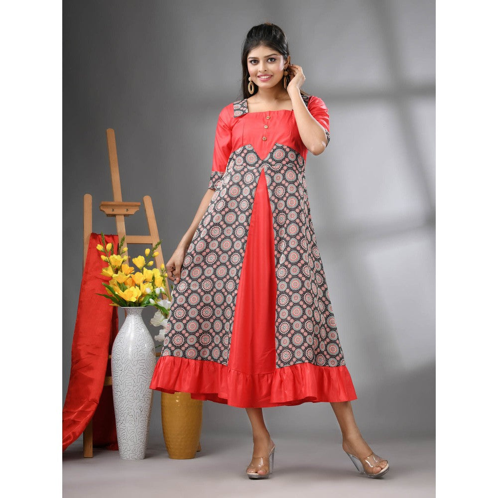 CHARUKRITI Red Modal Ruffled Ethnic Dress with Ajrakh Print