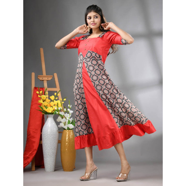 CHARUKRITI Red Modal Ruffled Ethnic Dress with Ajrakh Print