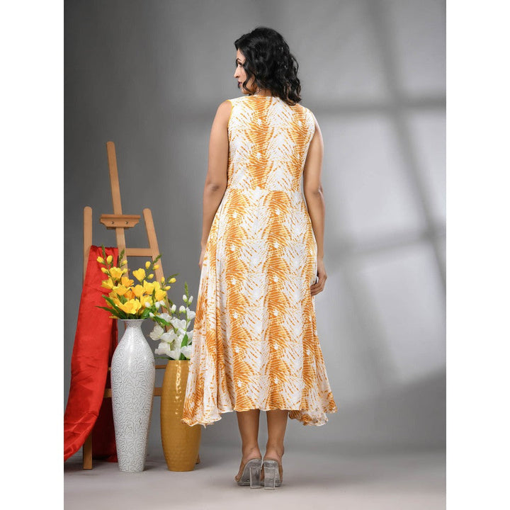 CHARUKRITI White and Mustard Rayon Shibori Printed Ethnic Dress