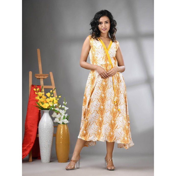 CHARUKRITI White and Mustard Rayon Shibori Printed Ethnic Dress