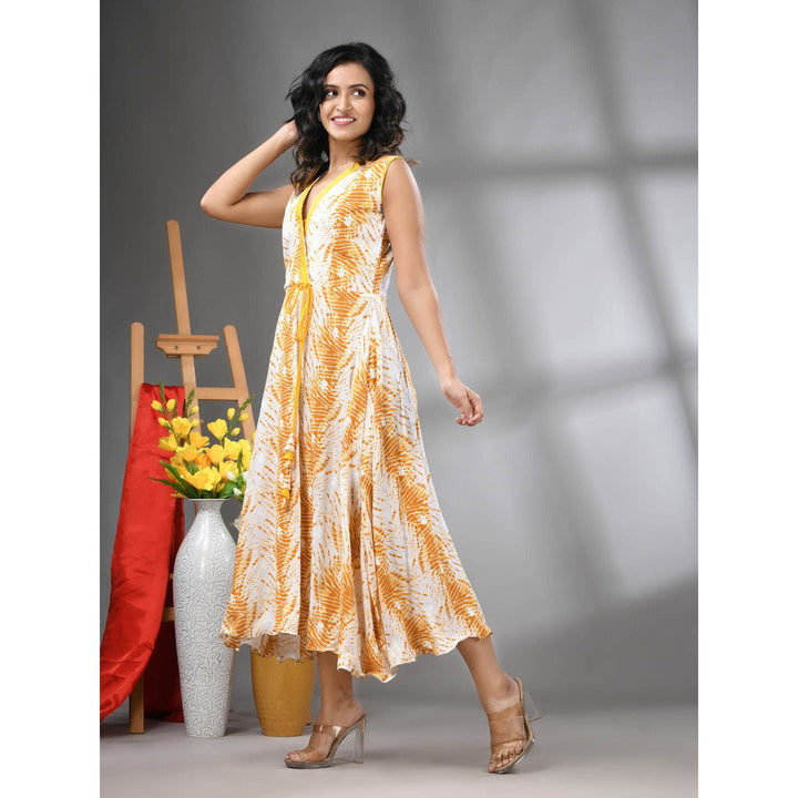 CHARUKRITI White and Mustard Rayon Shibori Printed Ethnic Dress