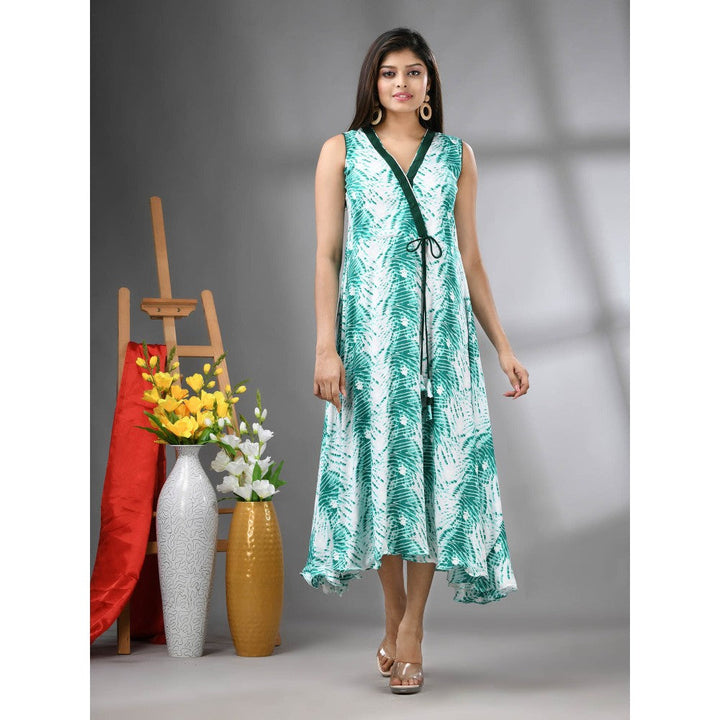 CHARUKRITI White and Green Rayon Shibori Printed Ethnic Dress