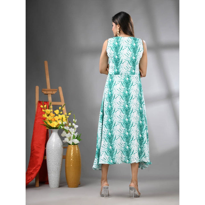 CHARUKRITI White and Green Rayon Shibori Printed Ethnic Dress