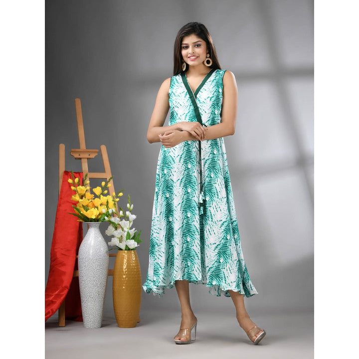 CHARUKRITI White and Green Rayon Shibori Printed Ethnic Dress