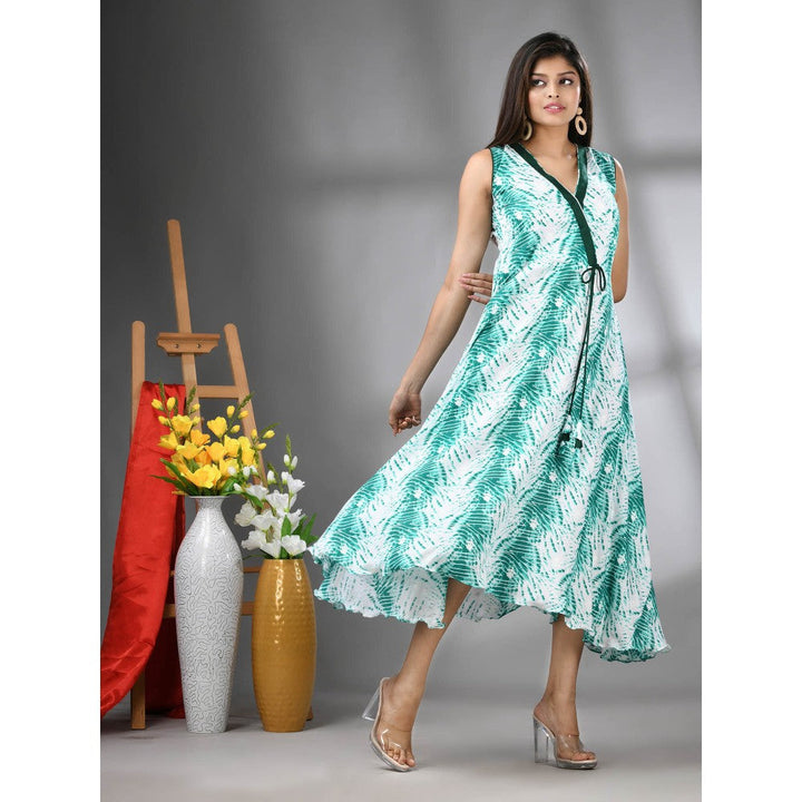 CHARUKRITI White and Green Rayon Shibori Printed Ethnic Dress