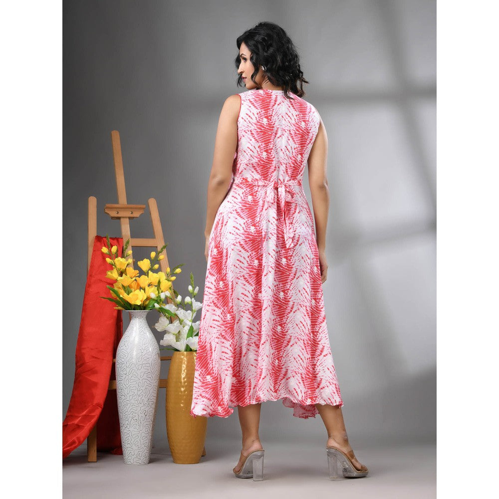 CHARUKRITI White and Red Rayon Shibori Printed Ethnic Dress