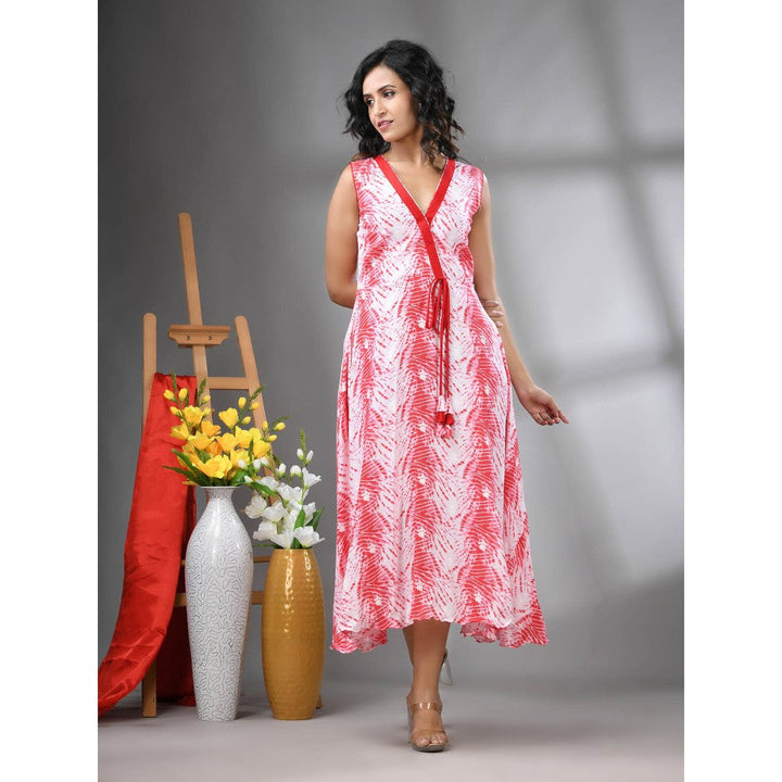 CHARUKRITI White and Red Rayon Shibori Printed Ethnic Dress