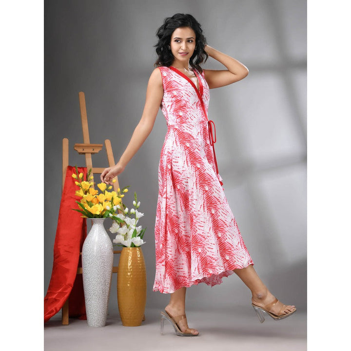 CHARUKRITI White and Red Rayon Shibori Printed Ethnic Dress