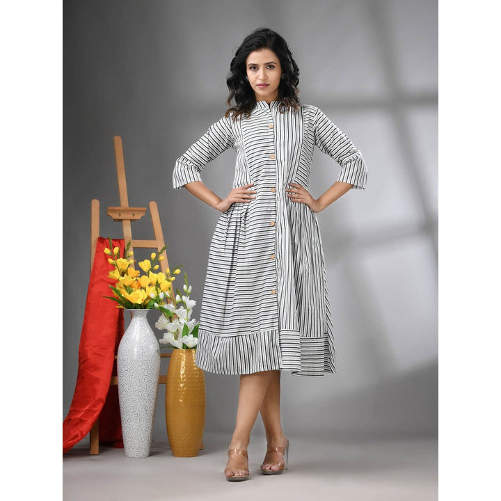 CHARUKRITI White Cotton Midi Dress with Stripe Pattern