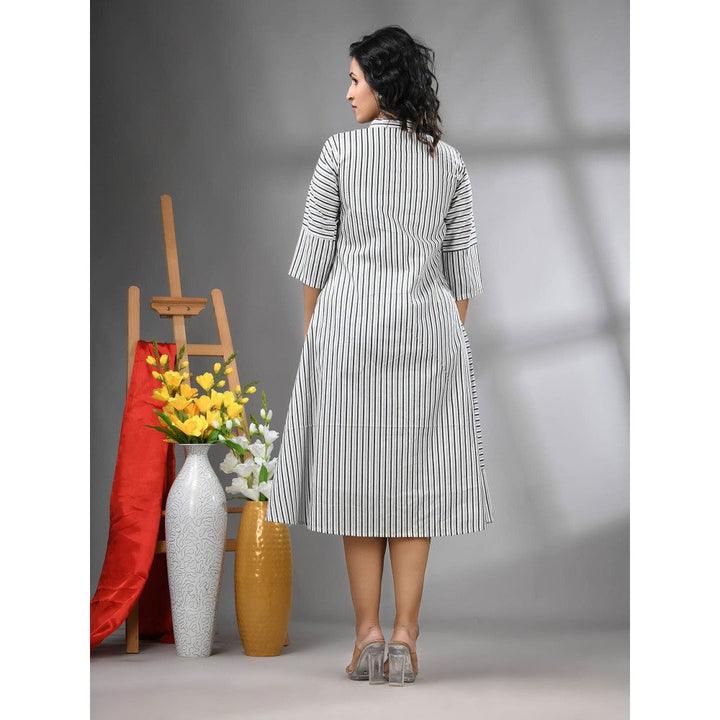 CHARUKRITI White Cotton Midi Dress with Stripe Pattern