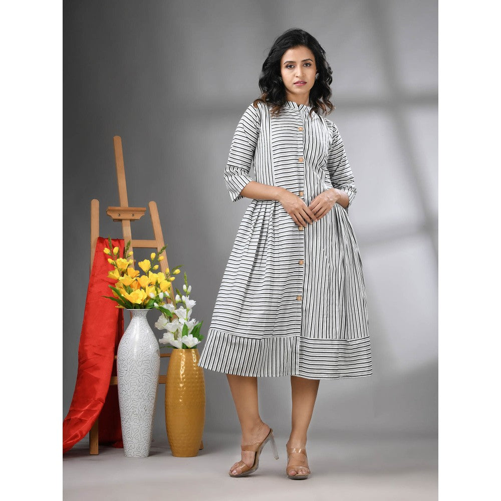 CHARUKRITI White Cotton Midi Dress with Stripe Pattern