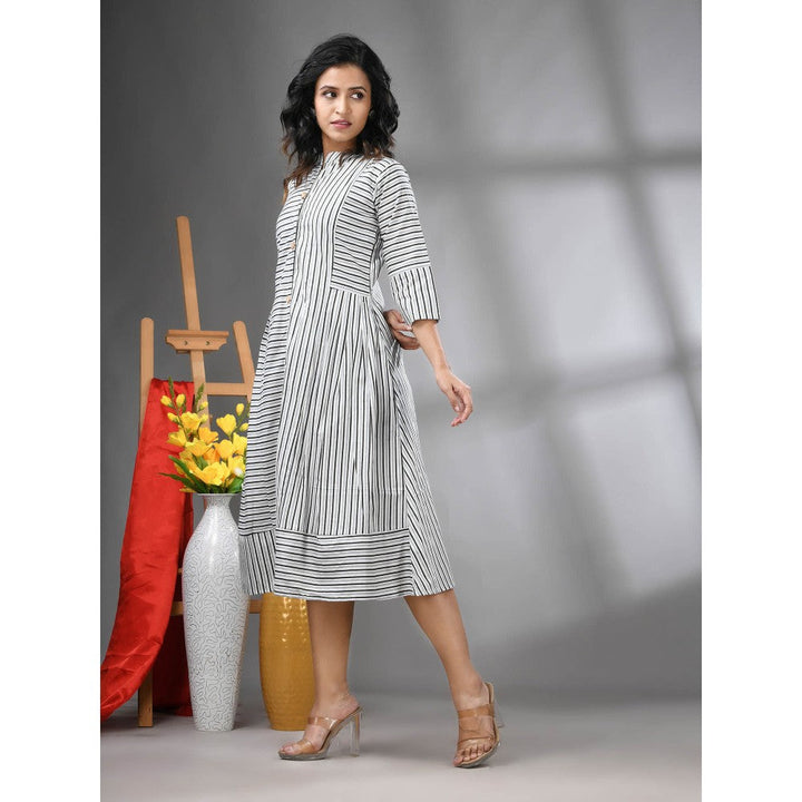 CHARUKRITI White Cotton Midi Dress with Stripe Pattern