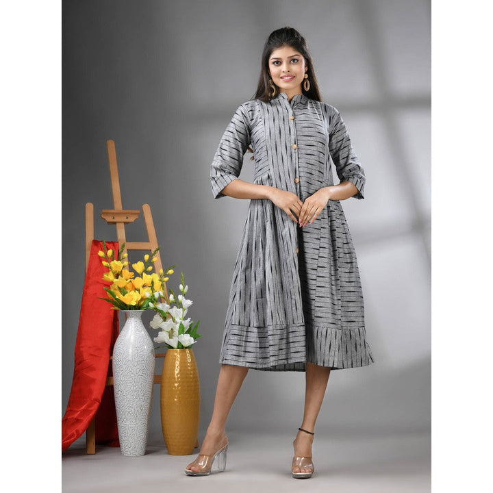 CHARUKRITI Grey Cotton Midi Dress with Stripe Pattern