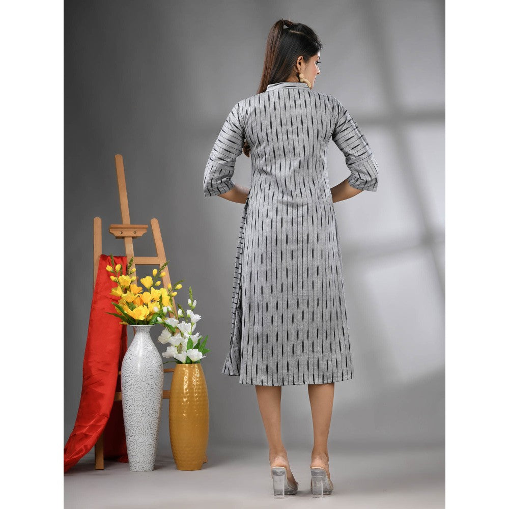 CHARUKRITI Grey Cotton Midi Dress with Stripe Pattern