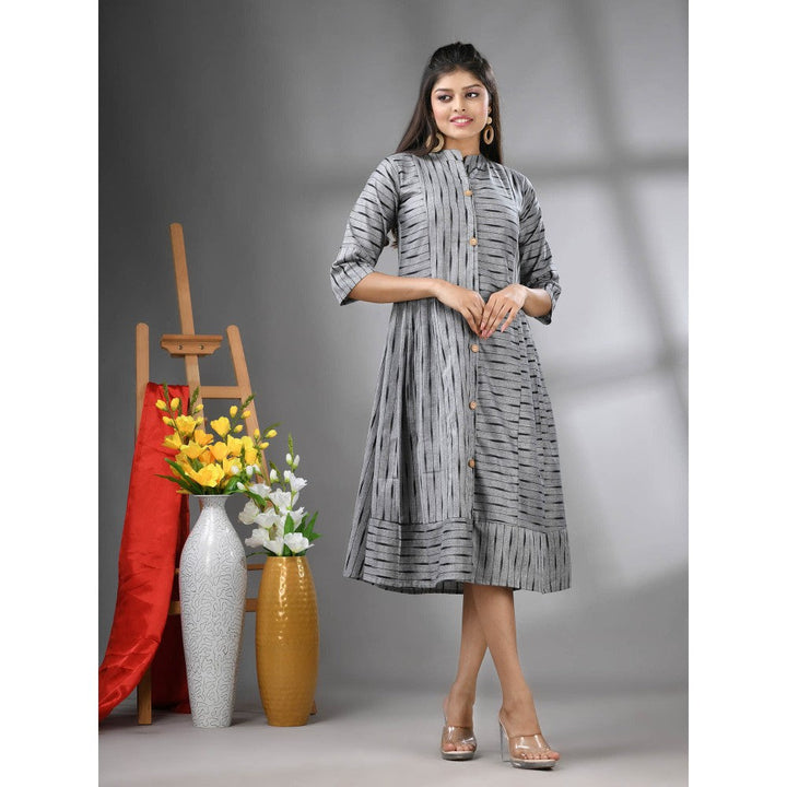 CHARUKRITI Grey Cotton Midi Dress with Stripe Pattern