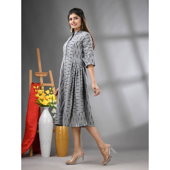 CHARUKRITI Grey Cotton Midi Dress with Stripe Pattern