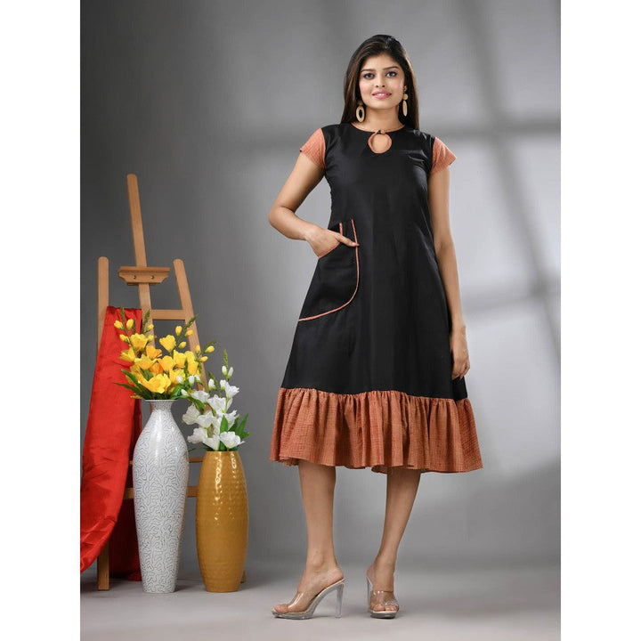 CHARUKRITI Orange Cotton Solid A-Line Ethnic Dress with Ruffle