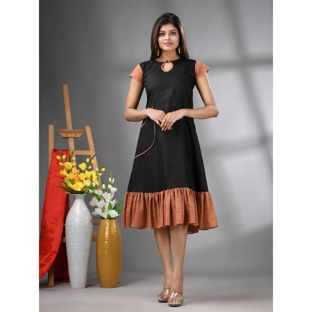 CHARUKRITI Orange Cotton Solid A-Line Ethnic Dress with Ruffle