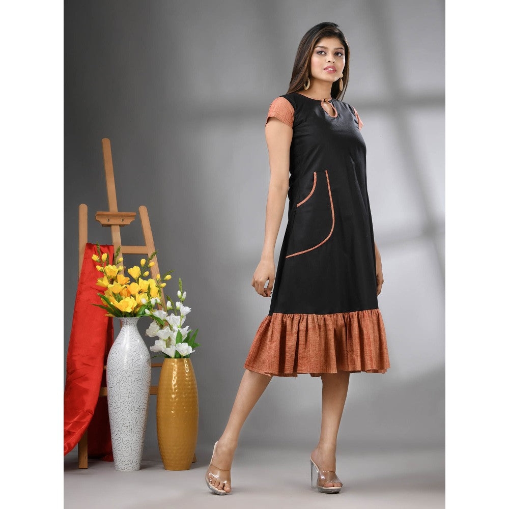 CHARUKRITI Orange Cotton Solid A-Line Ethnic Dress with Ruffle