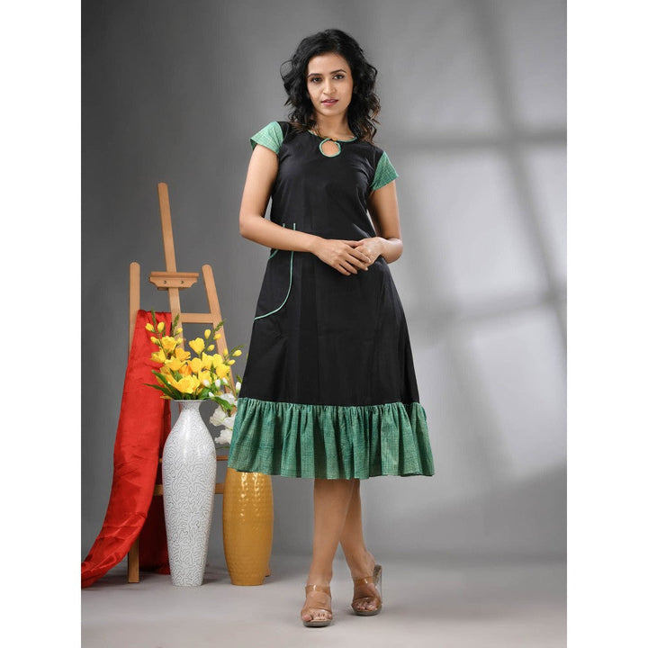 CHARUKRITI Green Cotton Solid A-Line Ethnic Dress with Ruffle