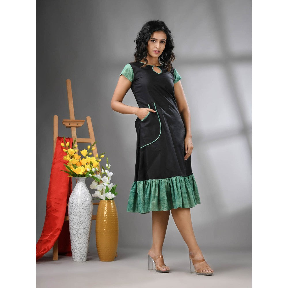 CHARUKRITI Green Cotton Solid A-Line Ethnic Dress with Ruffle