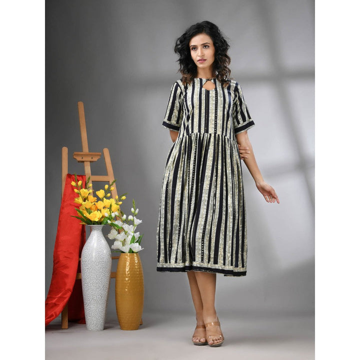 CHARUKRITI Black Rayon Midi Dress with Sequence Work