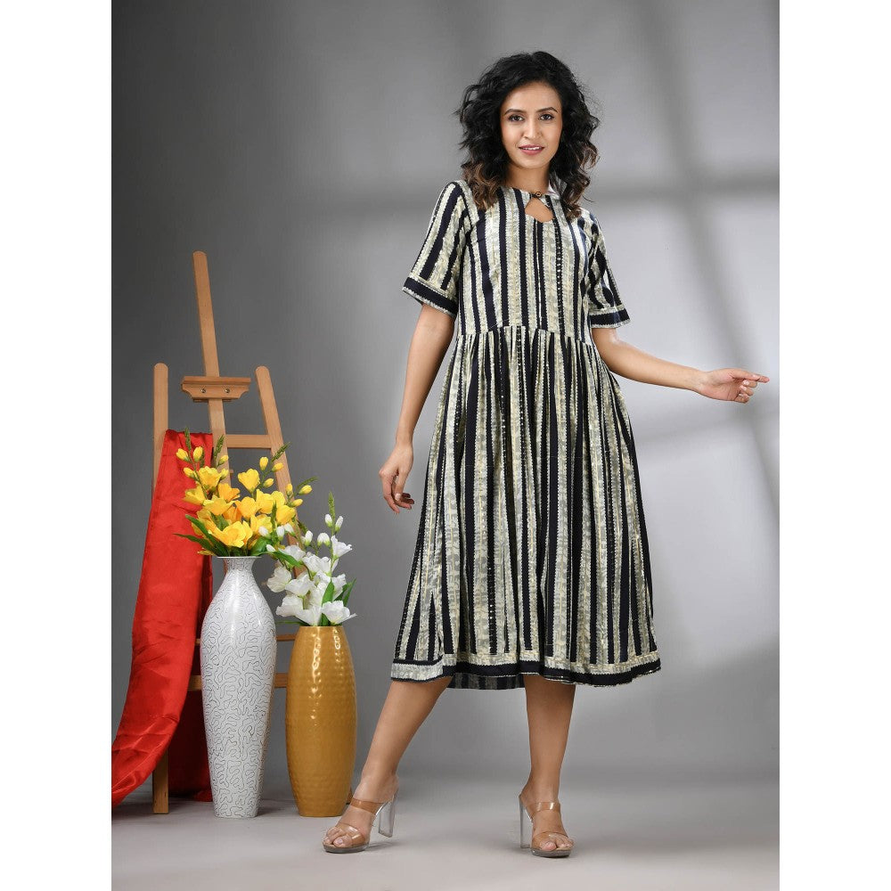 CHARUKRITI Black Rayon Midi Dress with Sequence Work