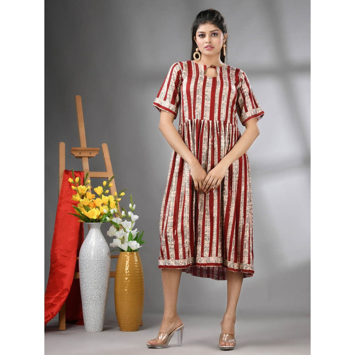 CHARUKRITI Dark Red Rayon Midi Dress with Sequence Work