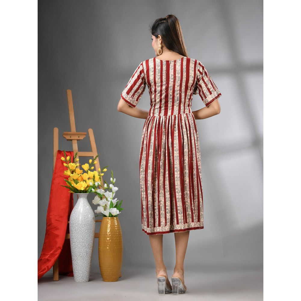 CHARUKRITI Dark Red Rayon Midi Dress with Sequence Work