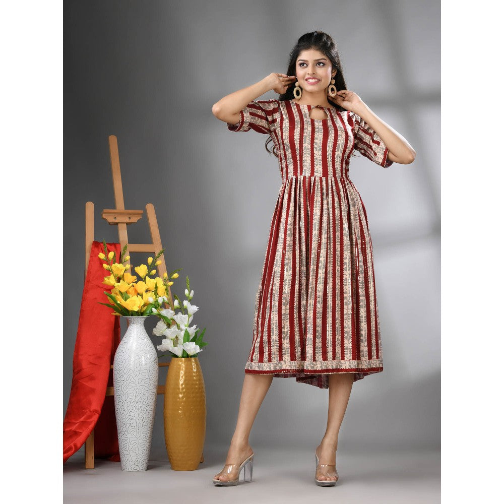 CHARUKRITI Dark Red Rayon Midi Dress with Sequence Work